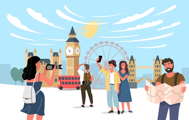 London vector with tourists. Travel theme cartoon people in city