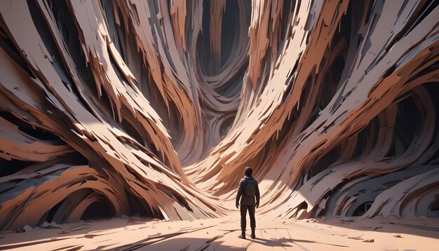 Vector a lone figure with a backpack stands at the entrance to a massive surreal canyon with twisting layered rock formations bathed in warm light