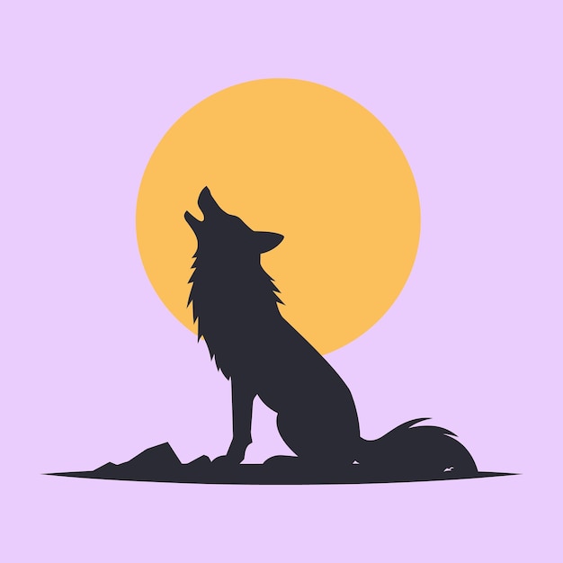 Vector lone wolf howling at the moon simple minimalism flat color vector illustration