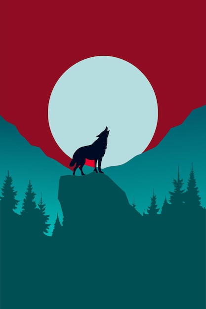 Vector a lone wolf stands on a rocky hilltop silhouetted against a large full moon the wolf howls at the