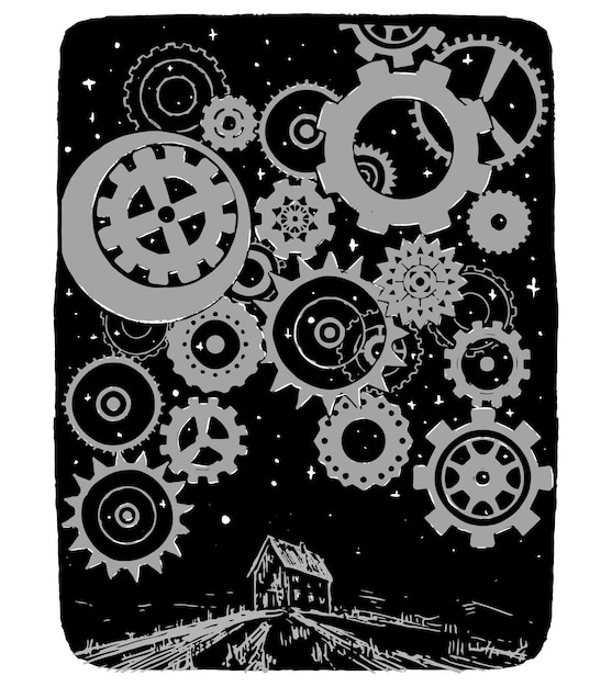 Lonely house on background of stars and gears Concept of structure of universe the place of man in the world Monochrome hand drawn vector illustration Abstract picture isolated on white