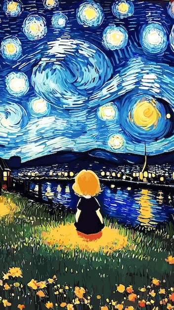 Lonely little girl alone in the starry night painting with van gogh style