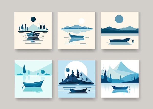 A lonely ship poster set Minimalistic pastel landscape