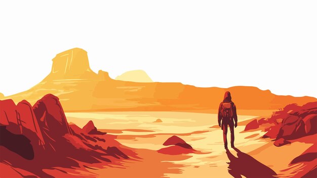 Vector lonely traveler in red exploring vast desert landscape