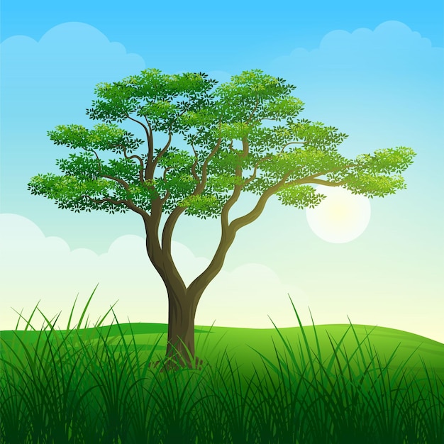 Lonely tree in sunrise with green grass cartoon illustration