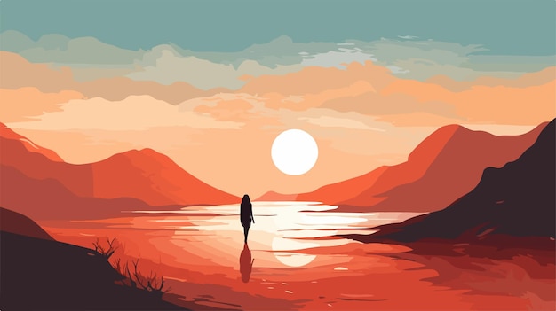 Vector lonely woman looking at another planet