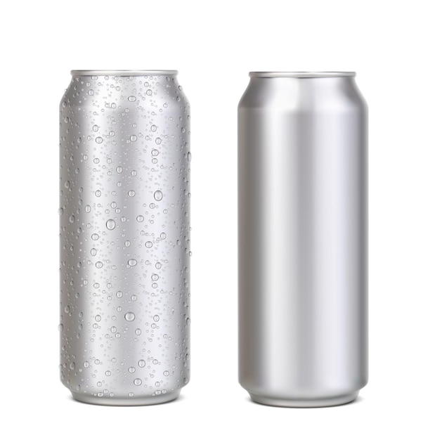 Long aluminium can with water drops beer or soda