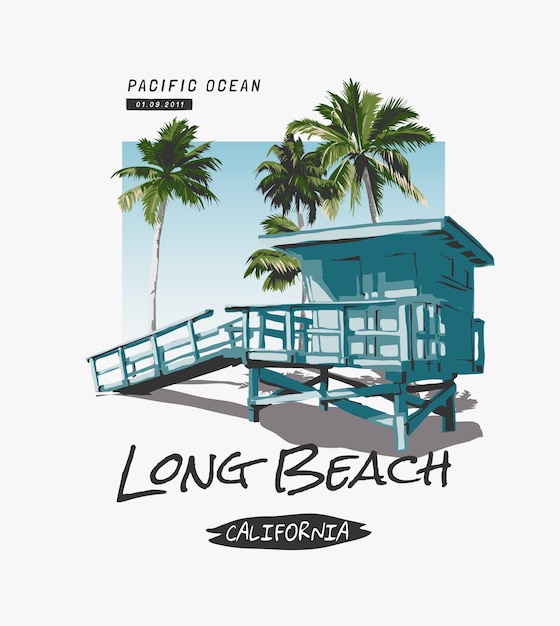 Long beach slogan with beach side hut and palm trees illustration