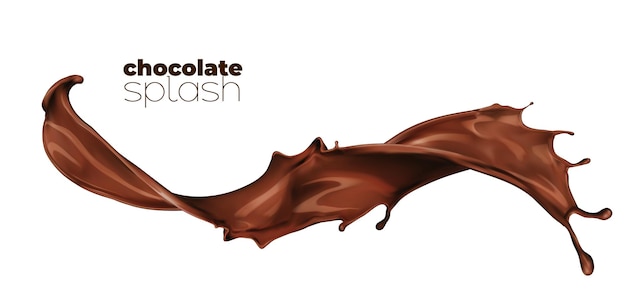 Long chocolate milk wave flow splash Dessert drink stream splash with splatters Flying melted liquid chocolate whirl drops realistic 3d vector frozen motion Cocoa syrup spill splatters or ripple