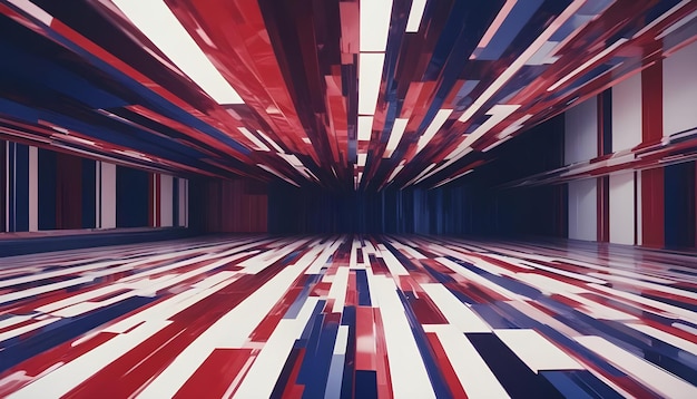 Vector a long dark corridor with red white and blue geometric lines extending into the distance creating a sense of depth and perspective