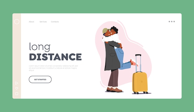 Long Distance Landing Page Template Woman Hugging Man With Suitcase Meet Lover In Airport Happy Couple Embrace