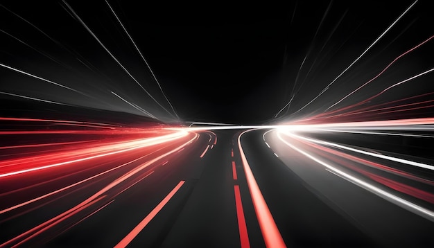 A long exposure shot of a winding road with car headlights creating streaks of red and white light against a dark background The image captures the speed and movement of traffic