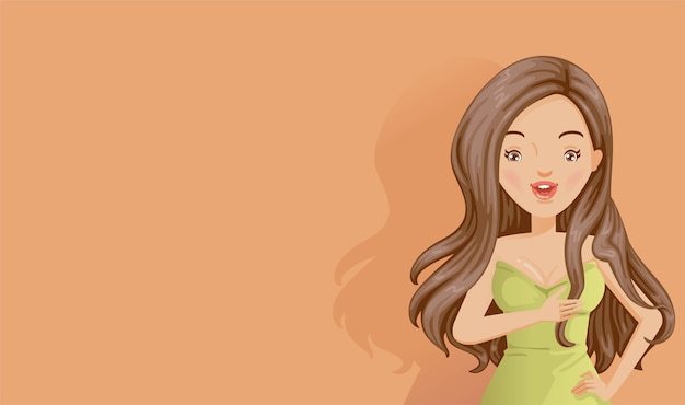 Long haired woman on orange background.