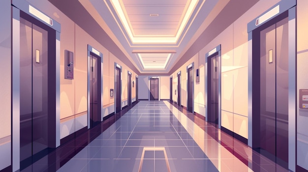 Vector a long hallway with a sign that says quot exit quot on the right side