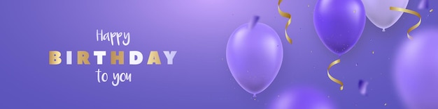 Long horizontal banner with realistic blue balloons gold serpentine and text Happy Birthday