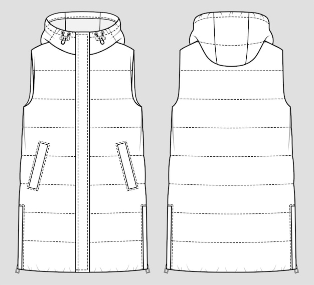 Long quilted gilet. Padded warm gilet. Vector technical sketch. Mockup template.