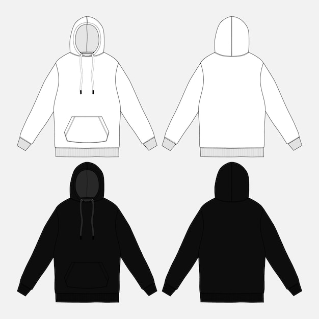 Long sleeve hoodie fashion flat sketch vector illustration white and black color template