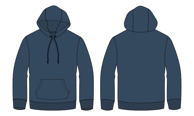 Long Sleeve Hoodie Sweatshirt Technical Fashion flat sketch Vector illustration navy color template