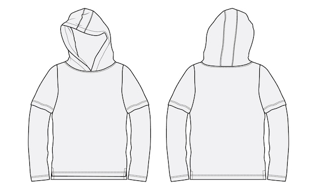 Vector long sleeve hoodie technical drawing fashion flat sketch vector illustration template front and back