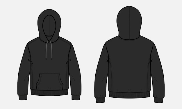 Vector long sleeve hoodie vector illustration black color template front and back views