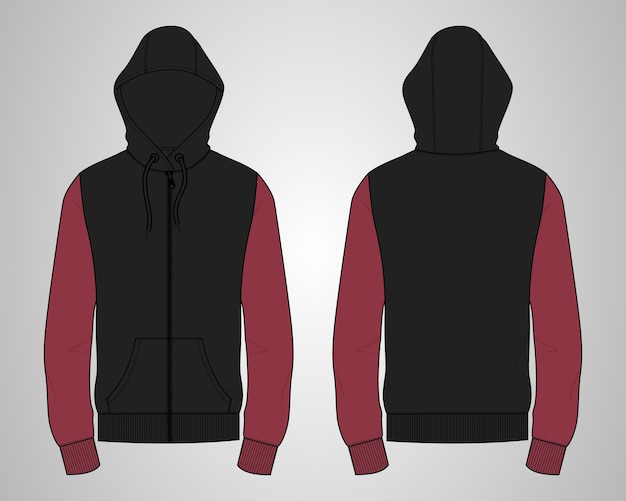 Long sleeve hoodie vector illustration template front and back views.