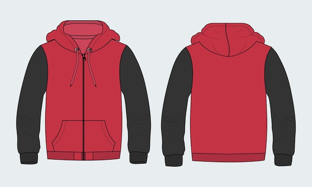 Long sleeve hoodie vector illustration template front and back views.