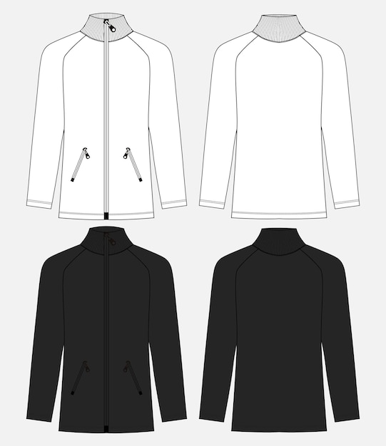 Long sleeve jacket technical drawing fashion flat sketch vector template for womens