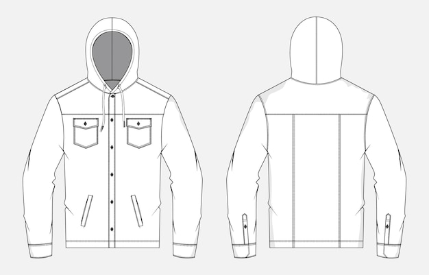 Vector long sleeve jacket with hood technical drawing fashion flat sketch vector illustration template