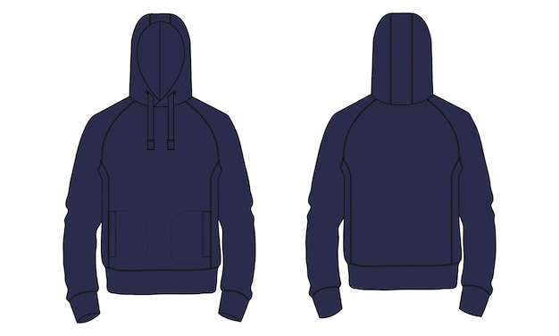 Long sleeve navy color hoodie vector illustration template front and back views