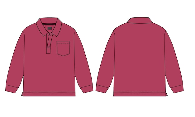 Long sleeve polo shirt technical fashion flat sketch vector Red color template for baby boys