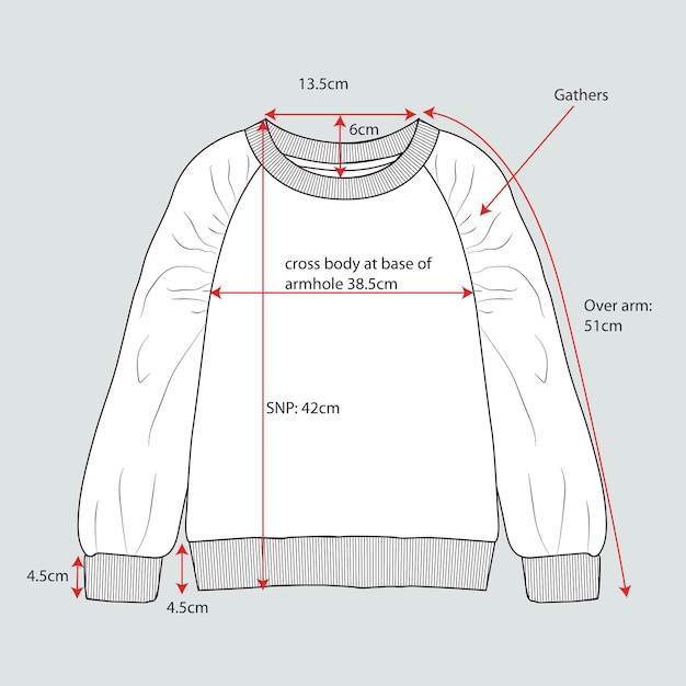 Vector long sleeve sweater with measurements detailed vector illustration template for ladies