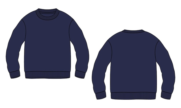 Long Sleeve Sweatshirt Technical fashion flat sketch vector illustration navy color template