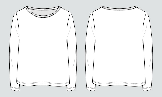 Long Sleeve T shirt Tops Technical fashion flat sketch vector illustration template for ladies