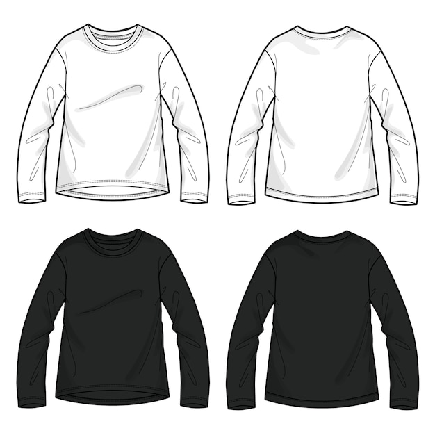 Long sleeve t shirt white and black color vector illustration template front and back views