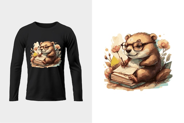 A long sleeved shirt with a cartoon bear reading a book