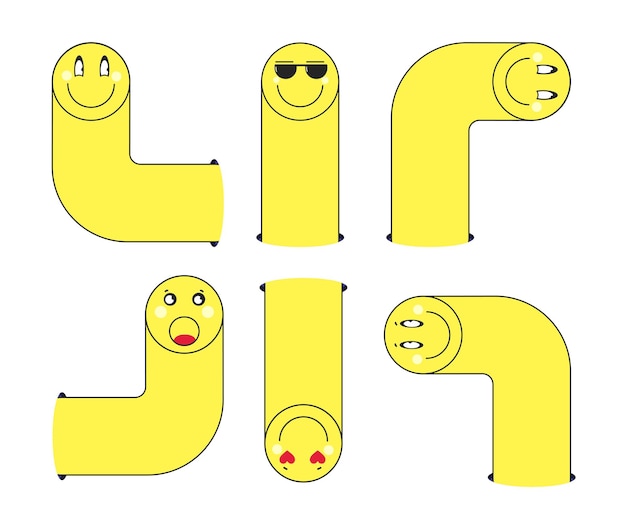 Long yellow emoticons Funny cartoon happy faces Set of comic facial expressions in cartoon style