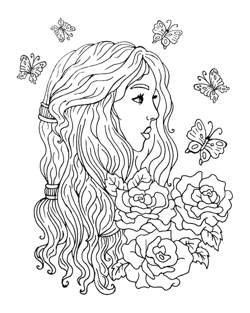 Longhaired girl with roses and butterflies Sketch