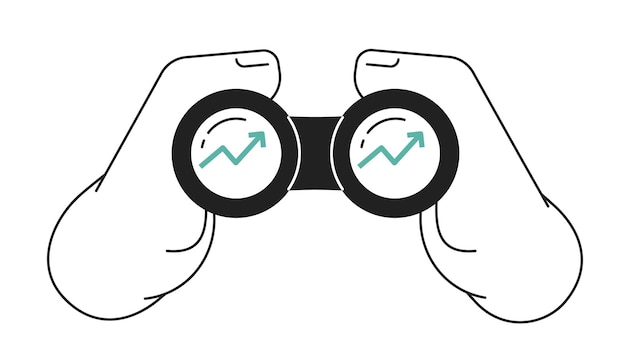 Looking on diagram through binoculars monochrome flat vector object Hand hold binoculars Editable black and white thin line icon Simple cartoon clip art spot illustration for web graphic design