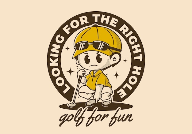 Looking for the right hole Character illustration of a guy holding a golf stick