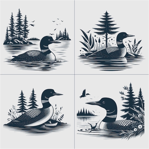 Loon Bird Vector Loon silhouette Duck Lake scene vector file