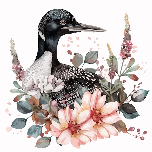 Loon Floral Handdrawn Watercolor Illustration Isolated