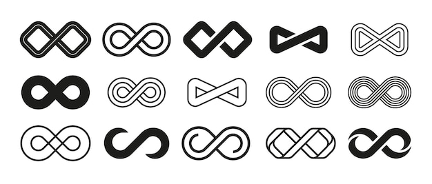 Loop symbol Mobius ribbon shape Abstract repetition and infinity sign Endless or eternity geometric emblem Isolated cycle logo collection Vector black and white line icons set