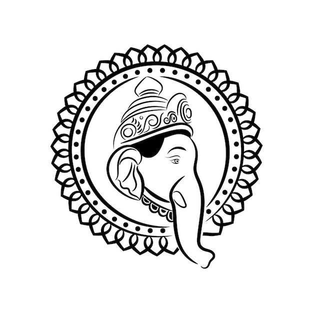 Lord Ganesha face illustration with mandala art black color