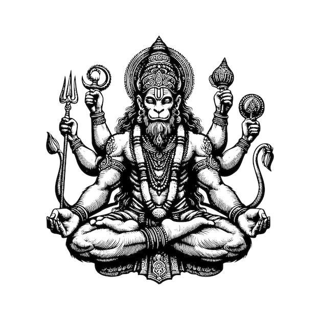 Vector lord hanuman illustration hand drawn black and white hindu god vector illustration