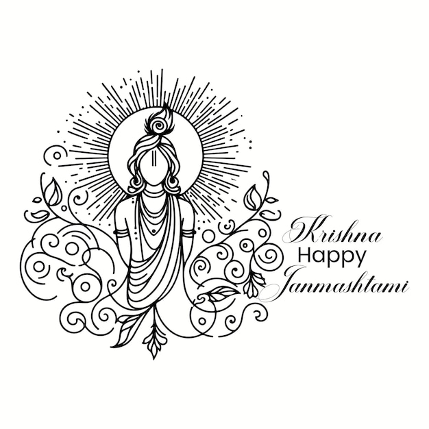 Vector lord krishna line art vector design krishna happy janmashtami