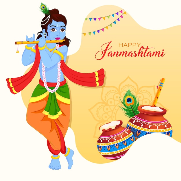 Lord Krishna playing bansuri, dahi handi celebration in Happy Krishna Janmashtami festival of India