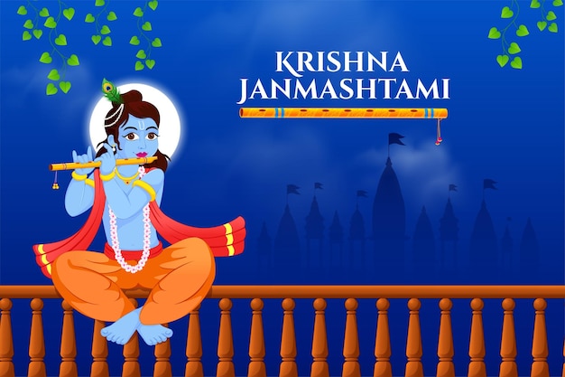 Lord Krishna playing bansuri (flute) in Happy Krushna Janmashtami festival of India