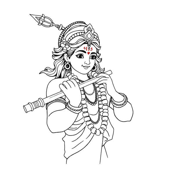 Vector lord krishna playing flute drawing coloring page