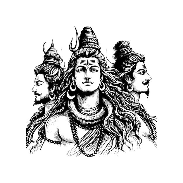 Vector lord shiva illustration hand drawn black and white hindu god vector illustration