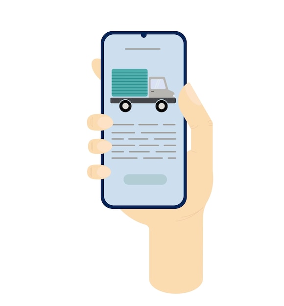 Lorry on mobile phone screen in hands Flat vector illustration for freight shipping and delivery